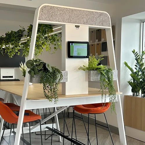 commercial faux plants installed around a contemporary desk office furniture project
