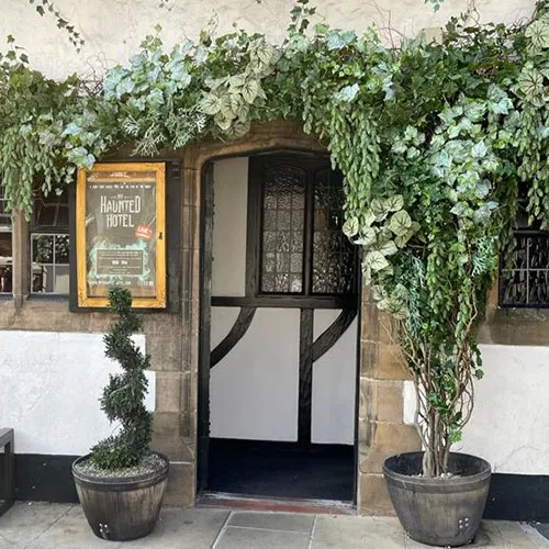 historic pub entrance with potted artificial plants and faux foliage covering the roofline