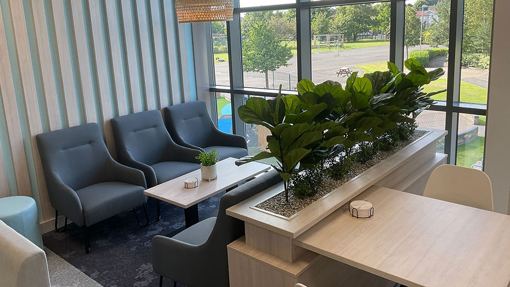trough style planter of artificial office plants in seating area