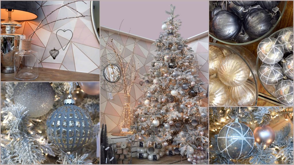 Geometric Christmas decorations on a tree in grey, pink, rose gold and silver