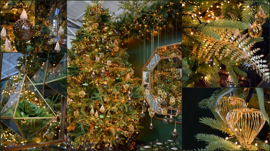 Woodland forest christmas decorations in gold and green