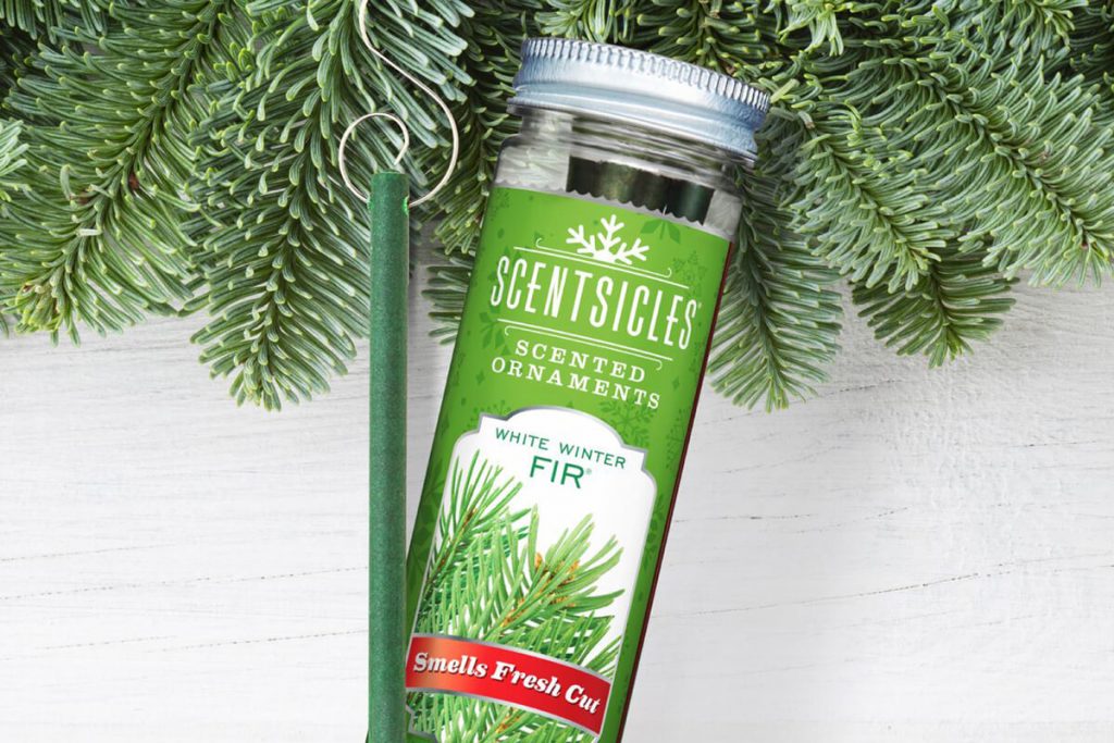 Scentsicles Winter Fir fragrance sticks pot and hanging from christmas tree