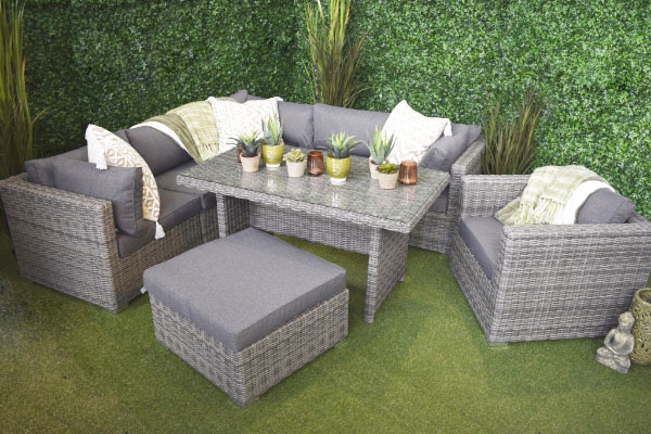 San Marino Rattan outdoor corner sofa set with table, pouffe, single chair in grey