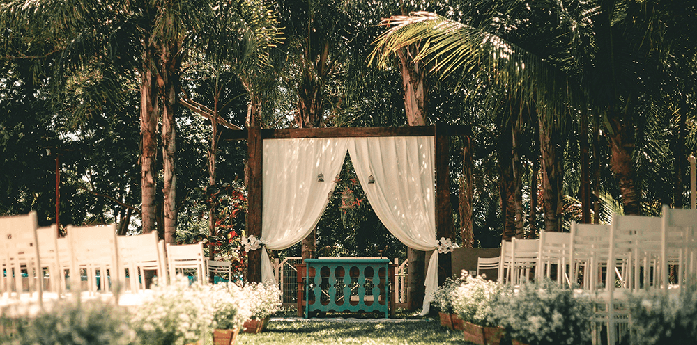 tropical wedding theme with palm trees and white curtains