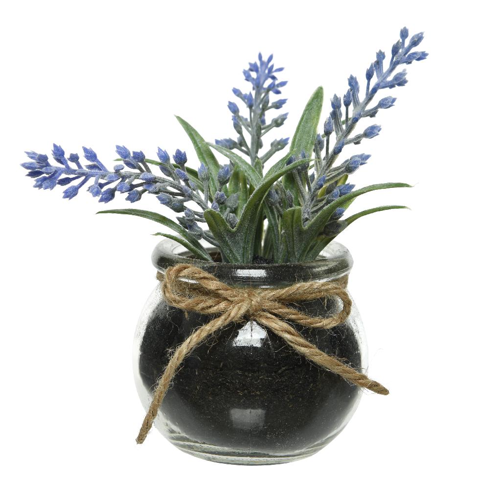 artificial lavender in black pot with rope tie