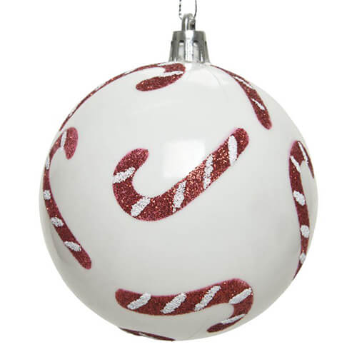 white bauble with candy cane pattern