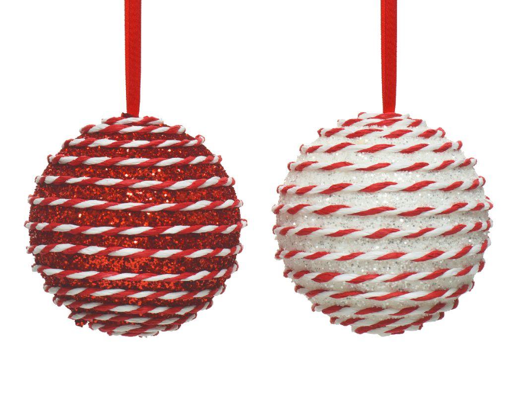 two red and white horizontal striped baubles