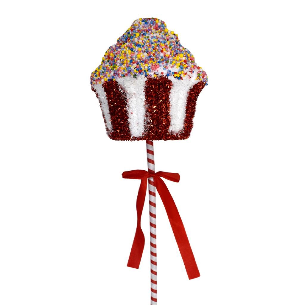 giant cupcake on pole red, white and sprinkles with bow