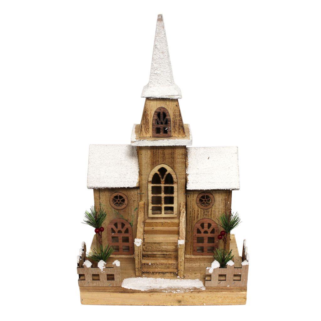 light up wooden church decoration for alpine christmas theme