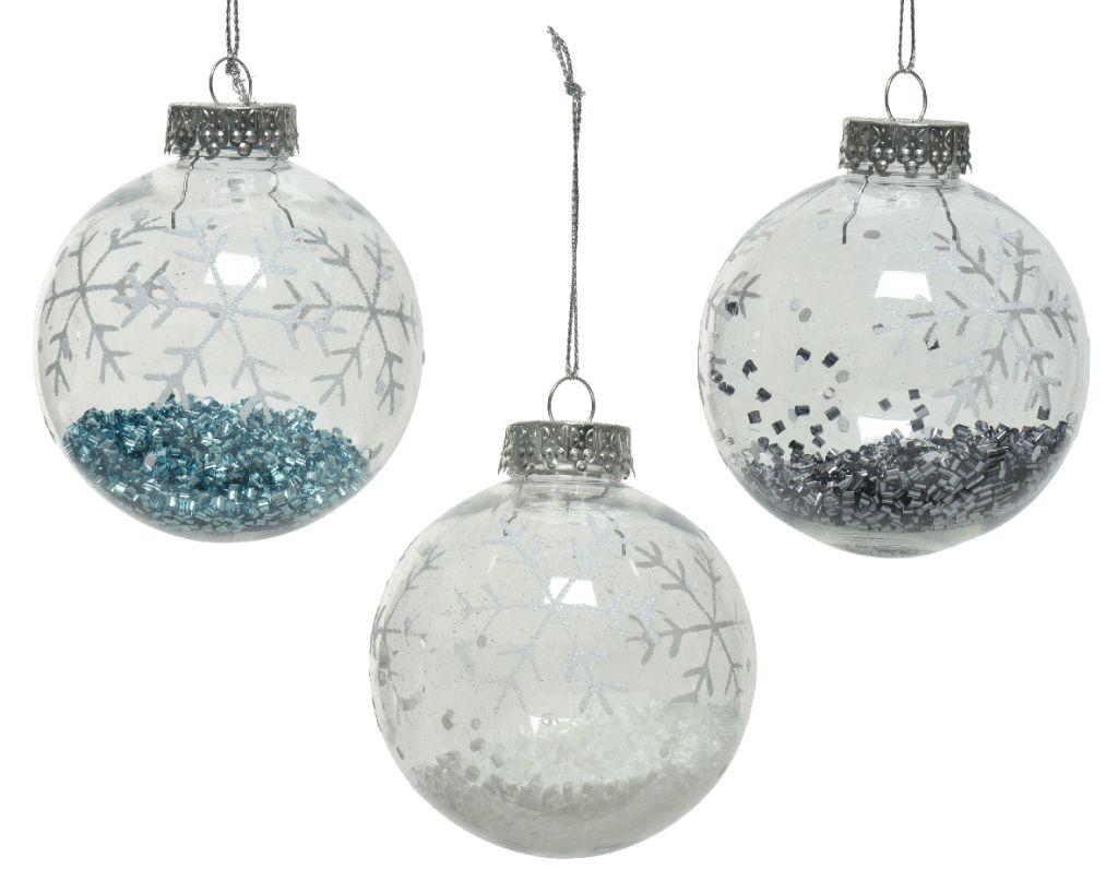 clear baubles with glitter inside white and blue