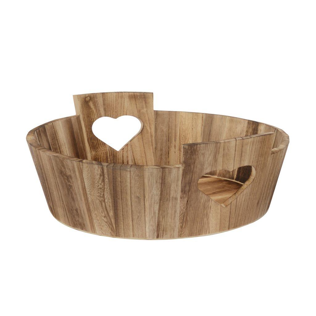 circular wooden tray with heart cutouts for alpine christmas theme