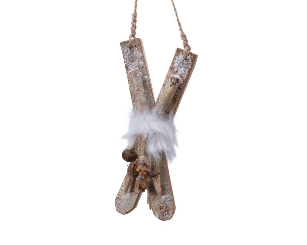 wooden skis hanging tree decoration for alpine christmas theme