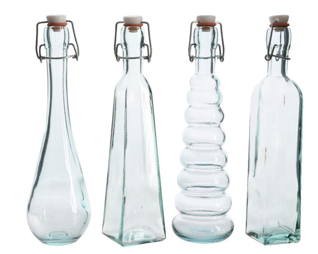 4 clear recycled glass shaped bottles