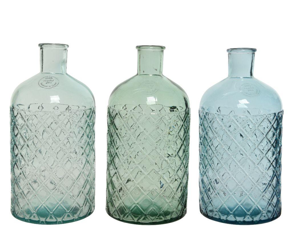 Recycled homeware 3 glass vases in blues and greens