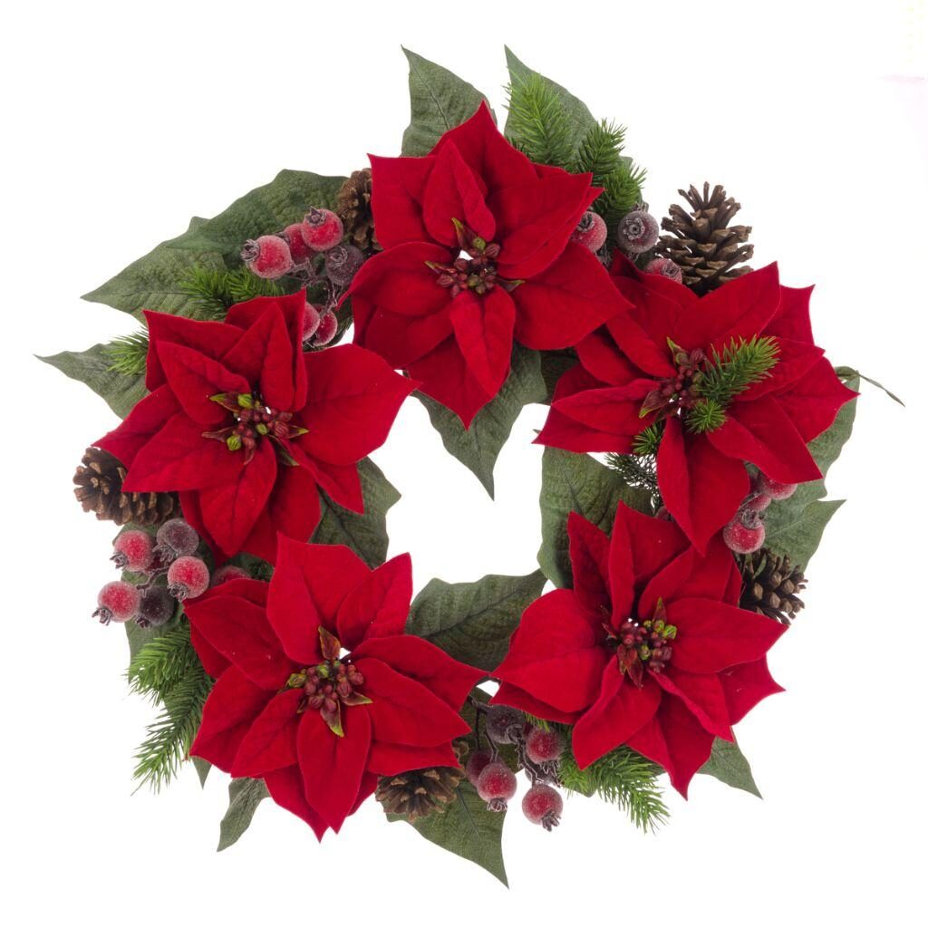 artificial red poinsettias on wreath