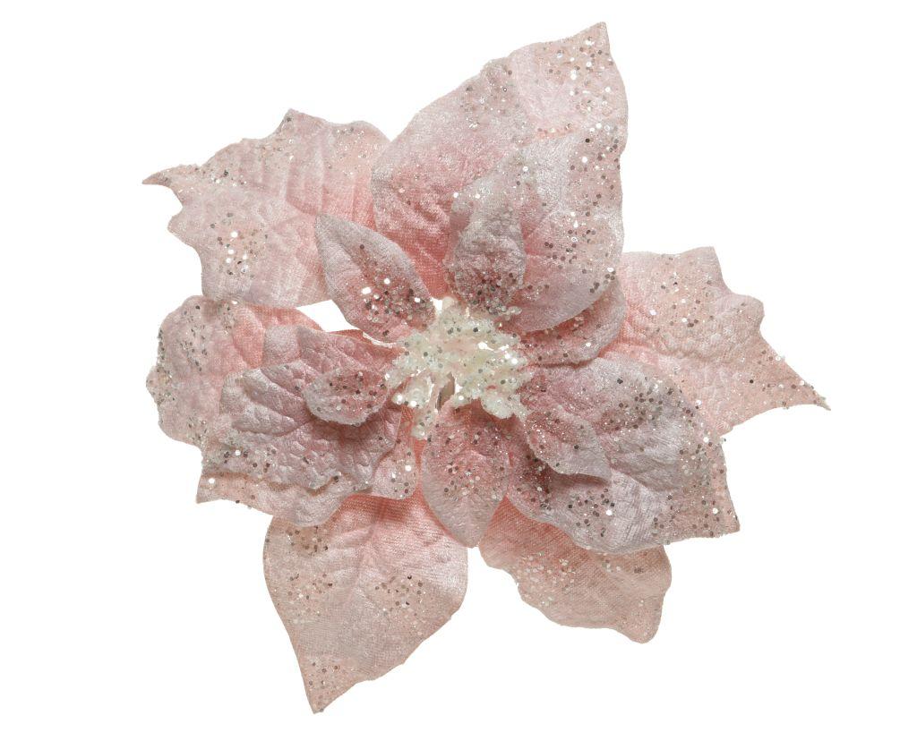 pink glittery clip on artificial poinsettia decoration