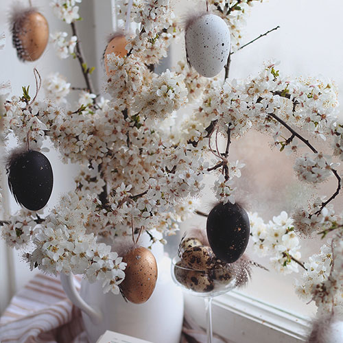 easter tree blossom branches in white vase with hanging egg decorations feathers
