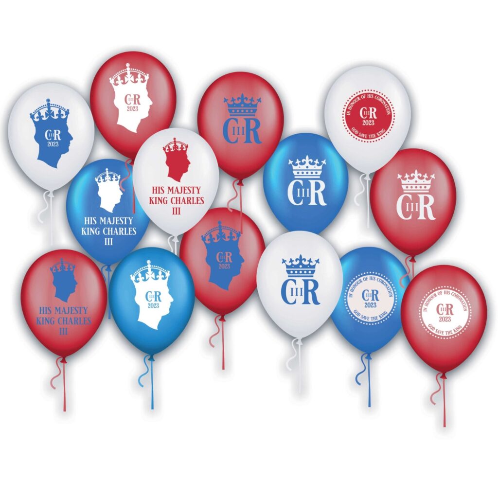 red, white and blue balloons with King Charles III cypher - coronation party