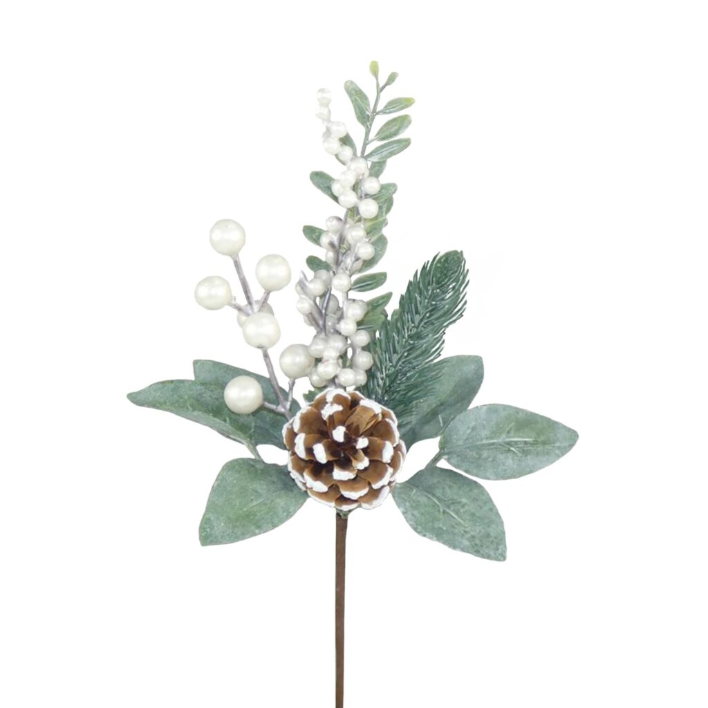 white berries, pine cone and leaves spray