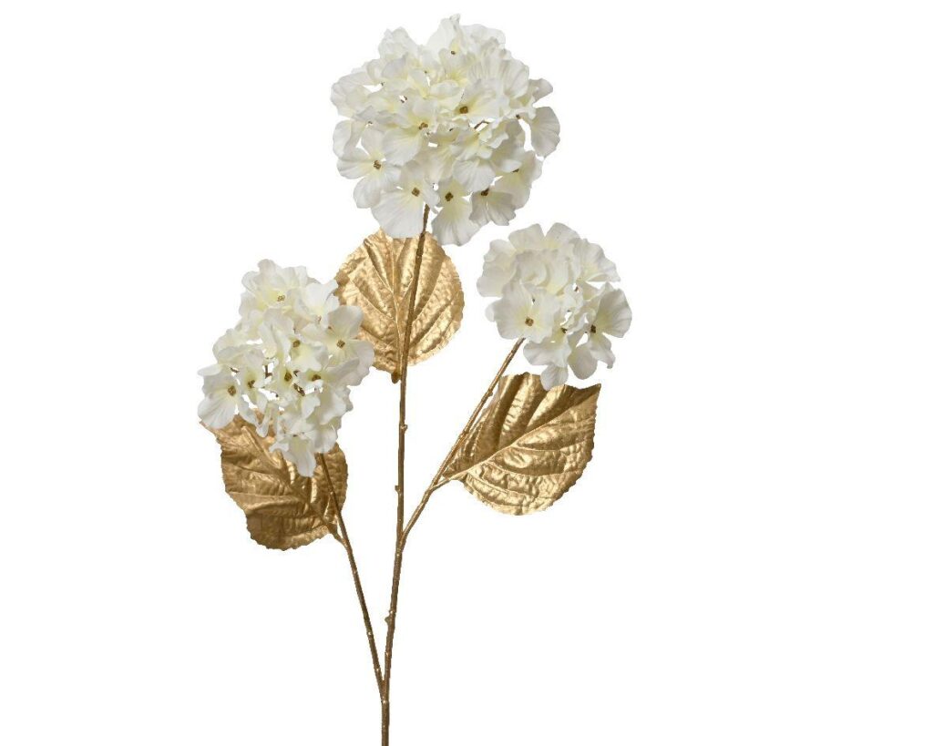white and gold faux hydrangea stem