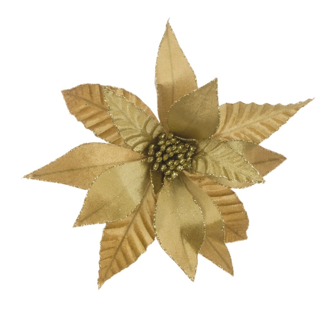 decorate a christmas tree to look full using gold clip on poinsettias