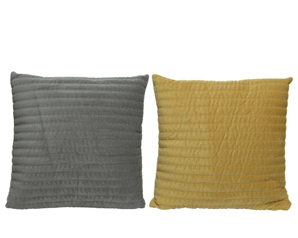 grey and mustard yellow velvet cushions