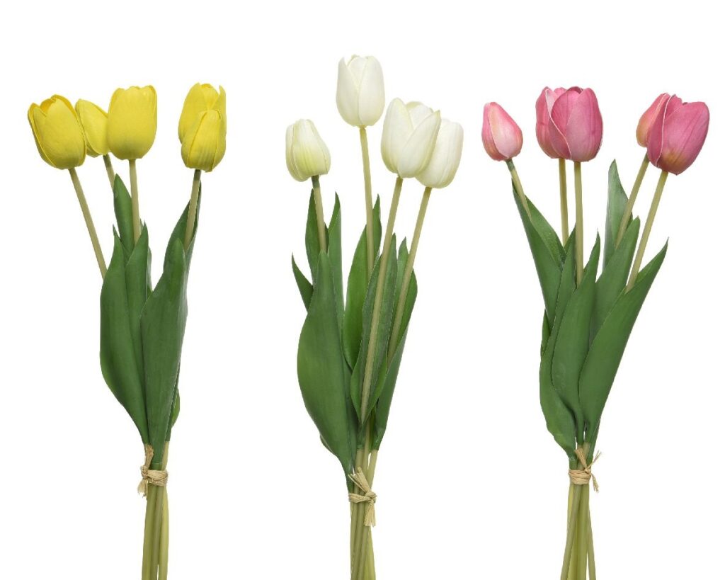 selection of faux tulip bunches in yellow, white, and pink
