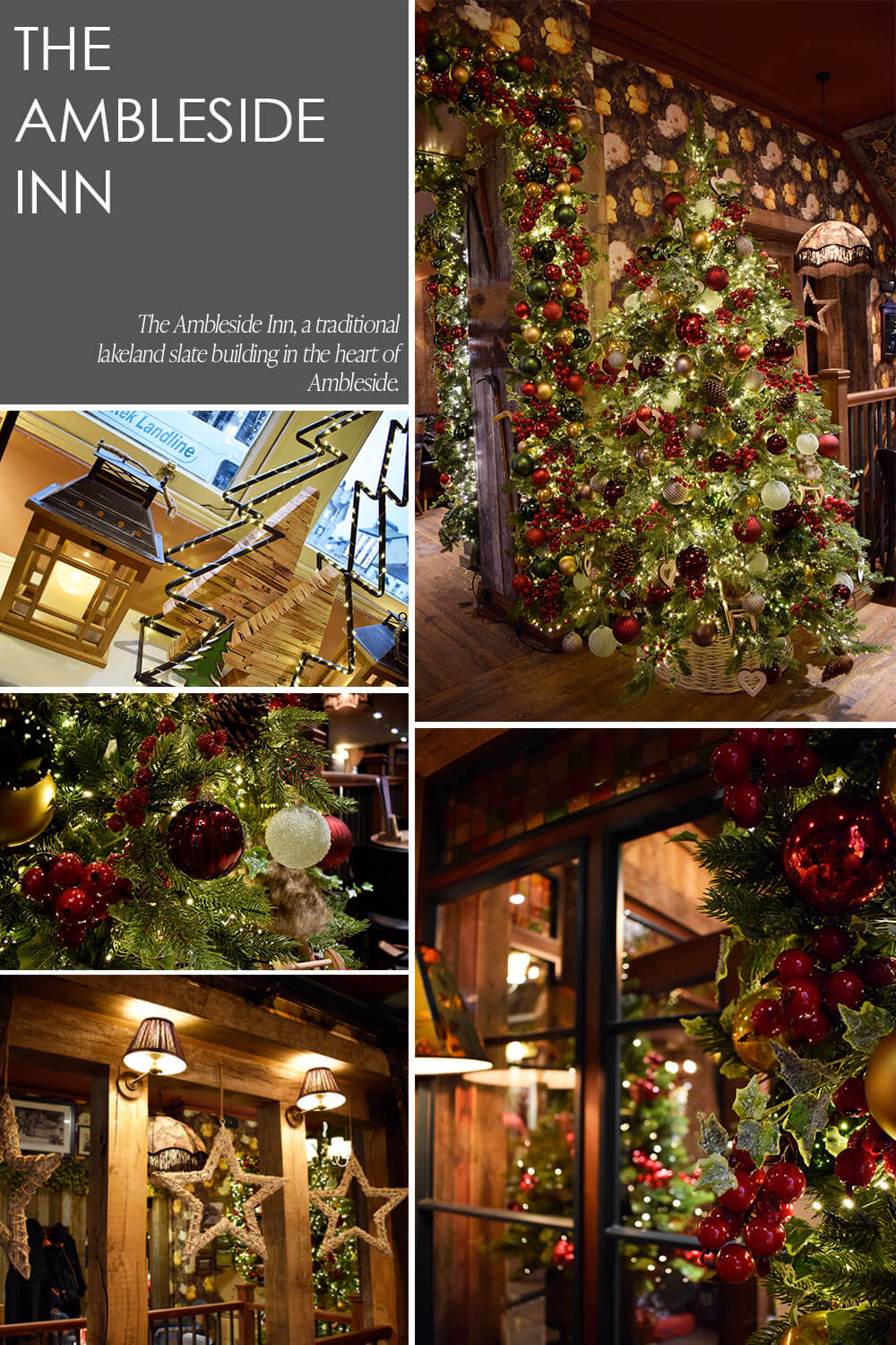 commercial christmas decorating project for ambleside inn collage - red, green, gold descorations, christmas tree, garlands and hanging stars