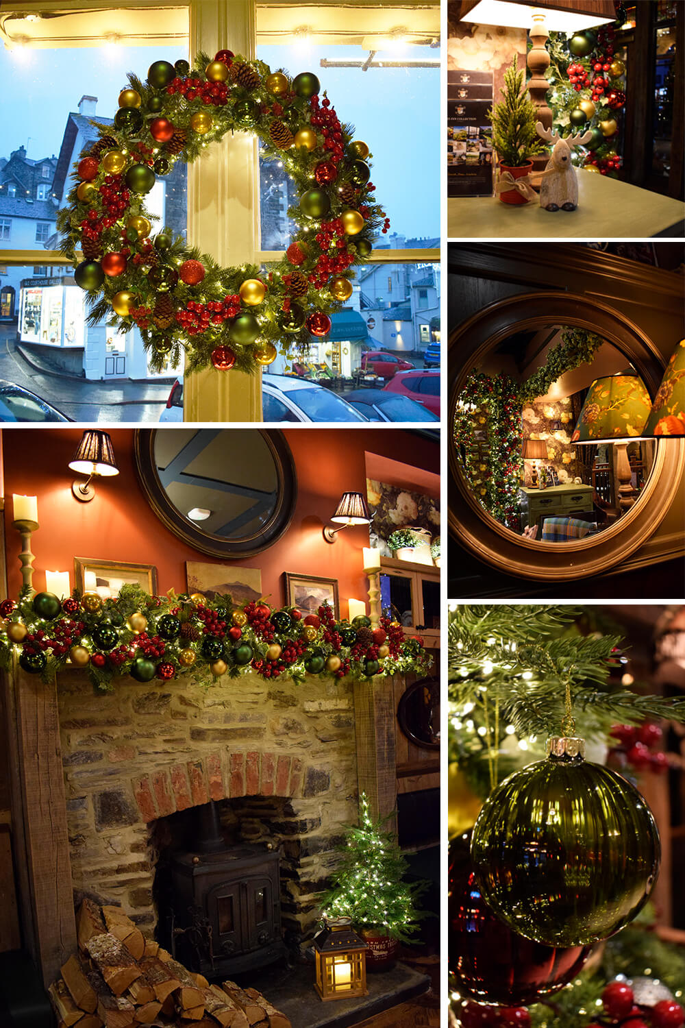 commercial christmas decorating project for ambleside inn collage - red, green, gold decorations, wreath in window, garland over fireplace