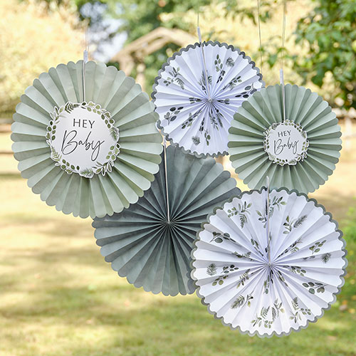 hey baby green and white paper fan decorations hanging from tree