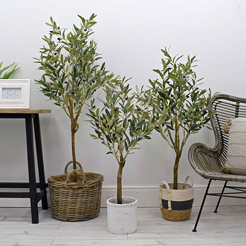 three artificial olive trees in pots and baskets