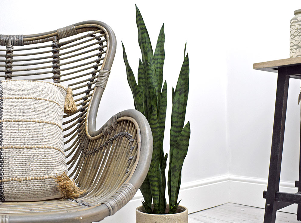 best artificial plants - fake snake plant by wicker chair