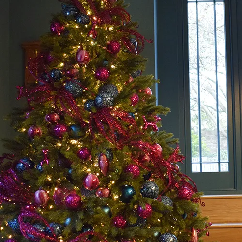 contemporary pink and blue decorated christmas tree in dark blue room
