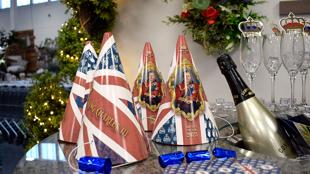 union jack king charless III coronation party hats, plates, bowls, and tableware