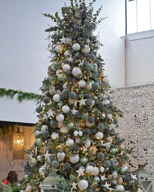 close up of diamond textured flocked green baubles, white clip on birds, pearlised green baubles, faux foliage on tree