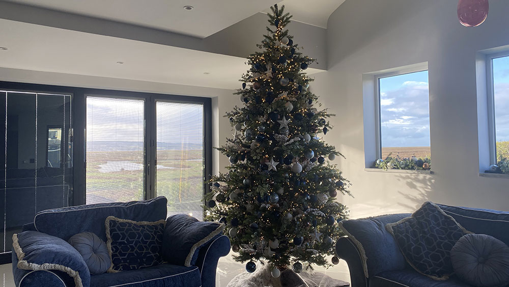 parkgate residential christmas decorating service - large christmas tree with blue and neutral decorations in lounge