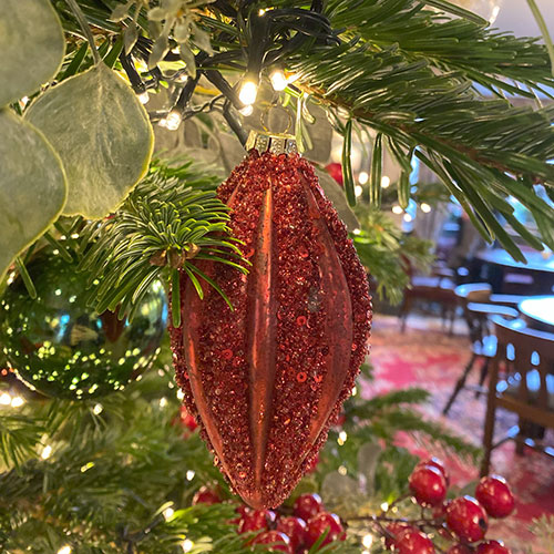 rake hall red oval bauble christmas decoration close up