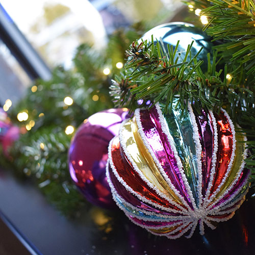 close up of colourful bespoke bauble for hotel brand