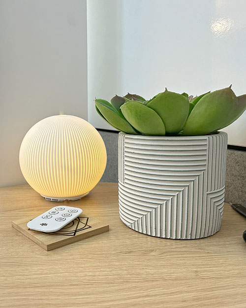commercial faux plant succulent in grey pot on desk with round diffuser